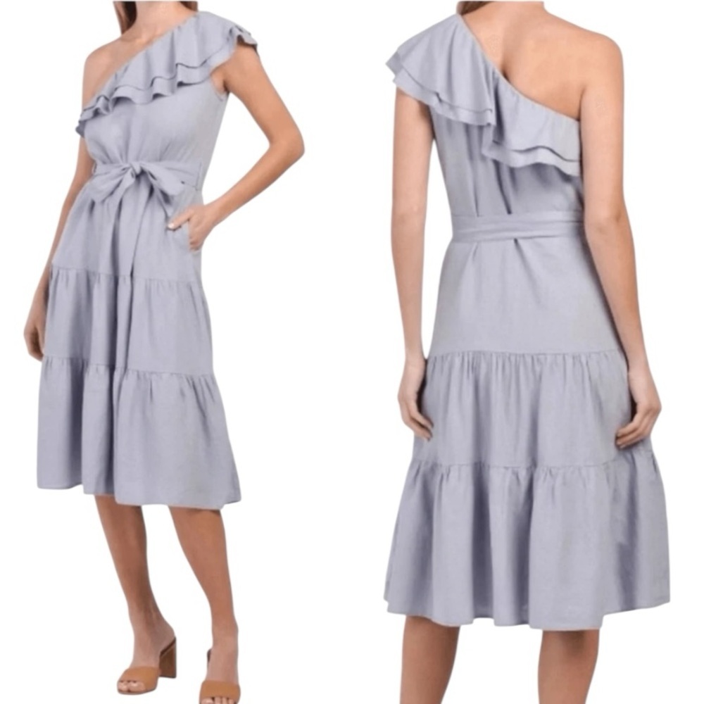 Nicole Miller Blue Linen One Shoulder MIDI Dress Ruffles Chambray XS NWOT